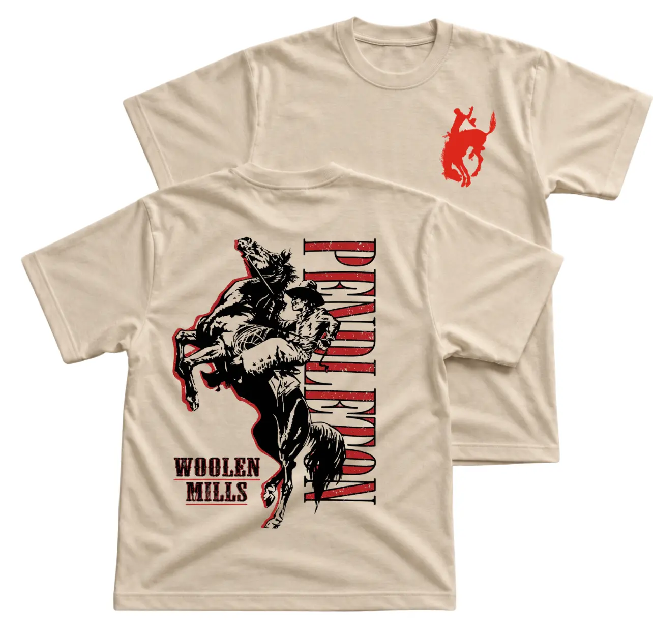 Pendleton Woolen Mills Rodeo Cowboy T-Shirt, Bucking Horse Rider Graphic Tee With Western Back Print, Front Chest Red Bronco Logo Shirt, Original Ranch Wear Style Outfit, Vintage Cowboy Apparel Gift for Men and Women