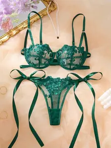 Neon Lime Embroidered Lingerie Set, Sexy Bow Detail Bra And Panty Set