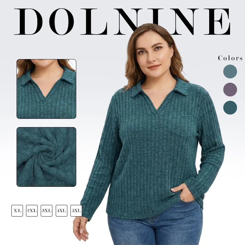 Womens-Plus-Size-Tops Collared V Neck Polo Shirts Lightweight Long Sleeve Sweaters Trendy Pocket Decor Tunic Blouses VPS0170
