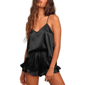 Women's Silk Satin Ruffled Pajamas Sets Cami Shorts Sets Sleepwear Womenswear Lingerie Piece Tops