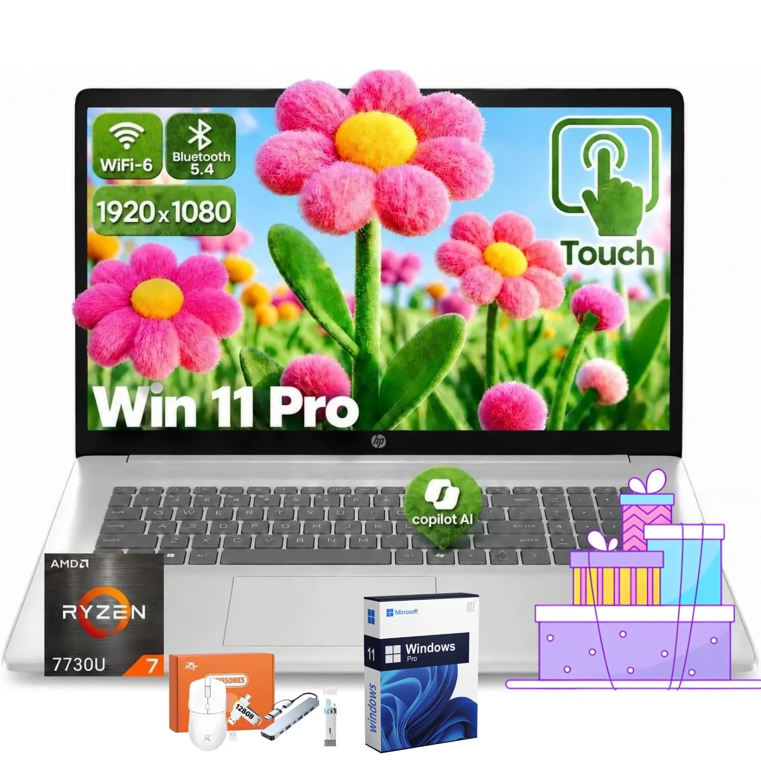 HP 15.6 Inch FHD Touchscreen Portable Laptop, AMD Ryzen 7 7730U, Up to 32GB RAM, 1TB SSD, Copilot AI Key, WiFi 6, Fast Charge, Windows 11 Pro for Business & Study, Bundle Accessories Included