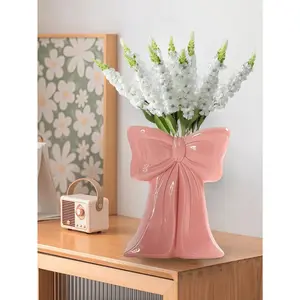 Bow-Shaped Ceramic Vase Set with ABS, Cute Elegant Home Decor Flower Holder, Dried/Fake Flower Container, Thoughtful Gift for Her