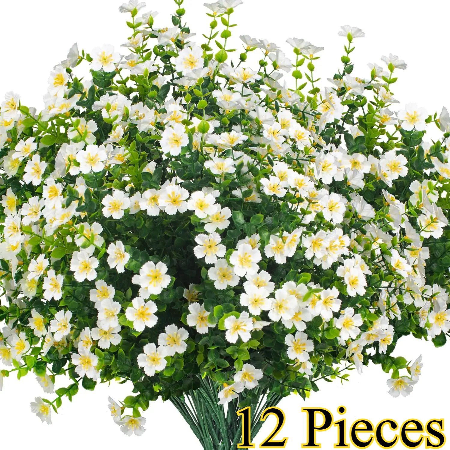 12pcs Durable Elegant Realistic Flexible Artificial Daisy Shrubs with Decorative Fruit, 13.8in Tall Indoor/Outdoor Plastic Flowers Bulk for Hanging Planter, Wedding Centerpiece (White, No Fading Risk)