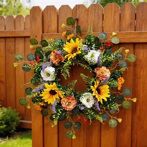 Orange yellow flower wreath, eucalyptus sunflower, lavender, chrysanthemum flower wreath, used for home decoration, hanging door flower wreath, Mother's Day, Father's Day gifts, party decoration, outdoor, garden, door decoration flower wreath