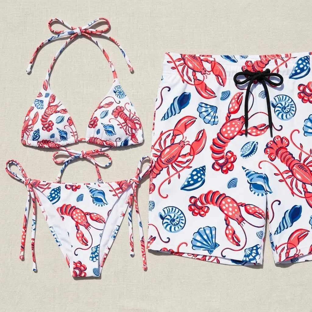 Preppy Set Lobster Print His and Hers Swimsuits Y2K String Bikini and Men's Swim Trunks Vacation Beach Outfit Honeymoon Essentials Summer Pool Party Nautica