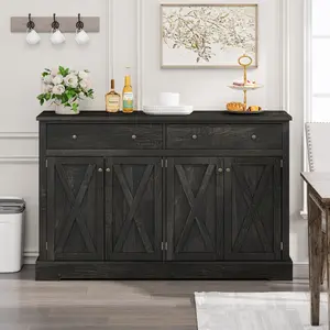 Vintage Black Brown Sideboard with Two Drawers and Four Doors for Living Room, Bedroom, and Kitchen, Room Storage Cabinet, Black Brown