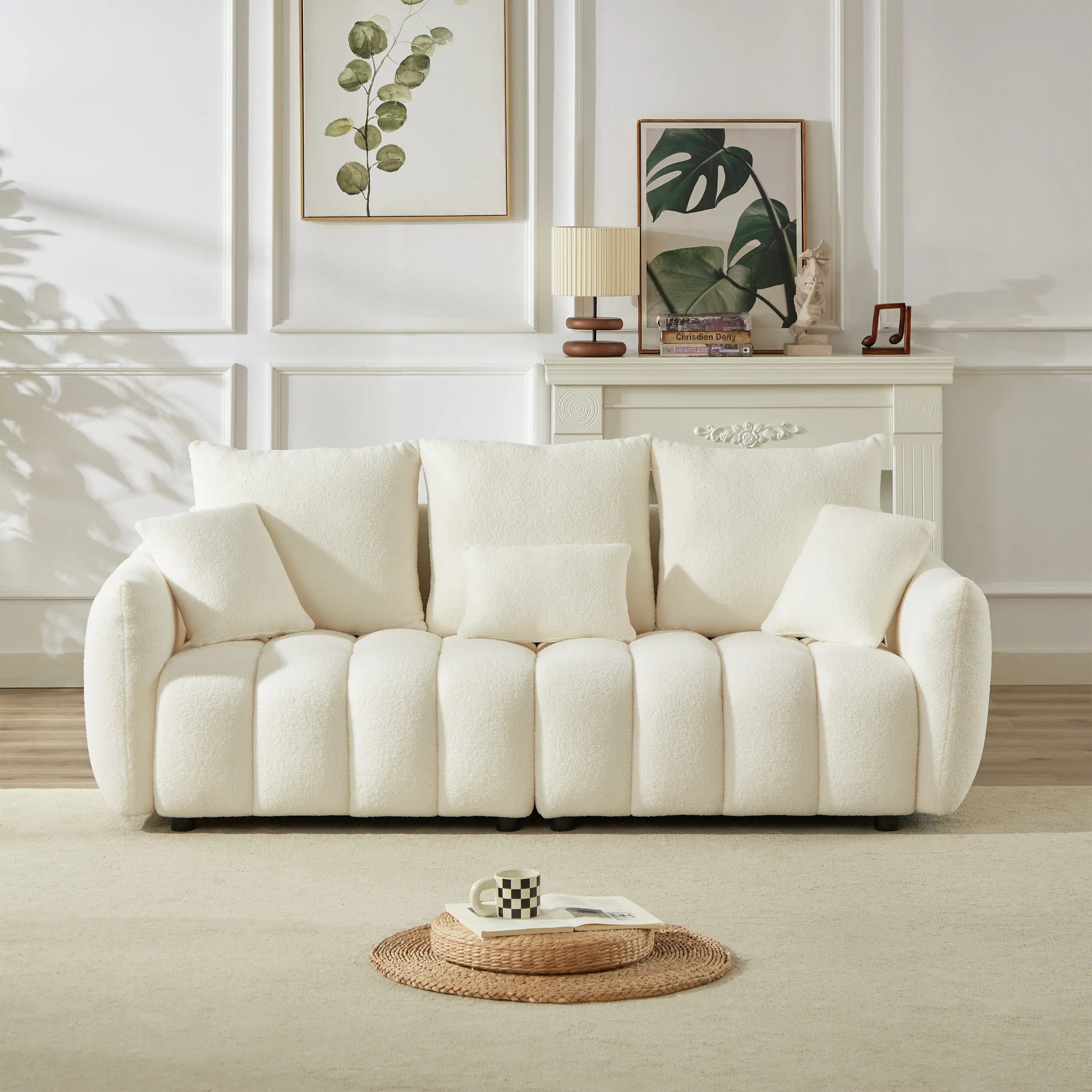 79.5" Teddy Fabric 3-Seater Sofa with 3 Back Pillows & 3 Cushions, Solid Wood Frame Oversized Upholstered Couch for Living Room, Bedroom, Apartment & Office