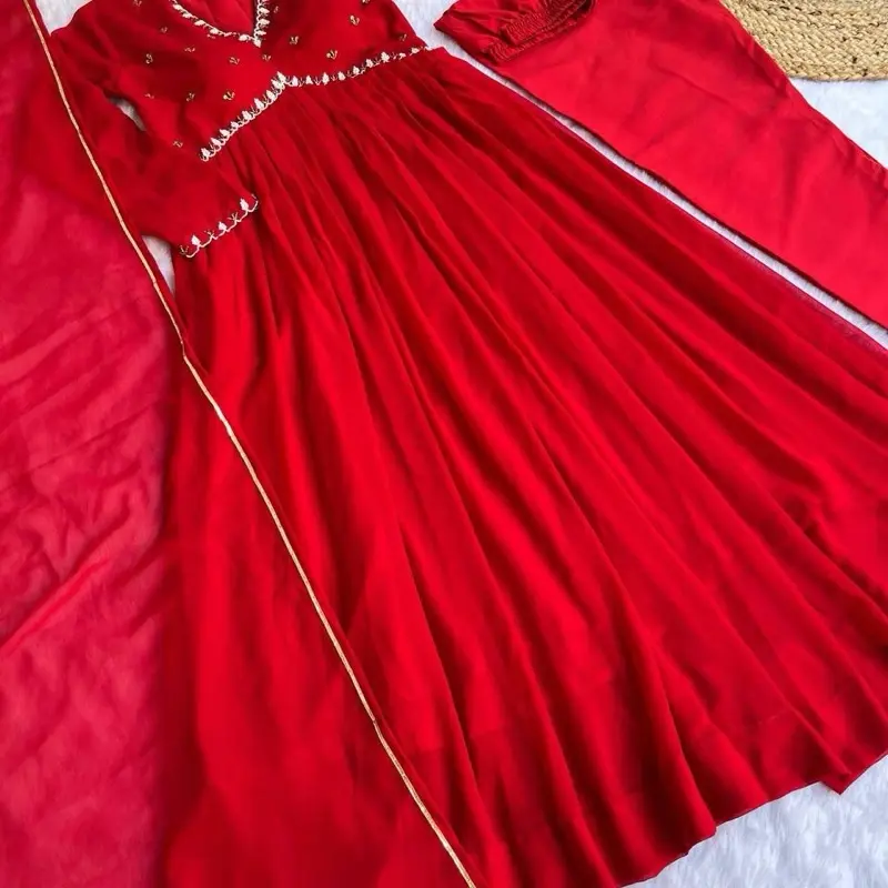 Women red anarakali wedding party wear Indian suit gown pants set Diwali wear karvachauth
