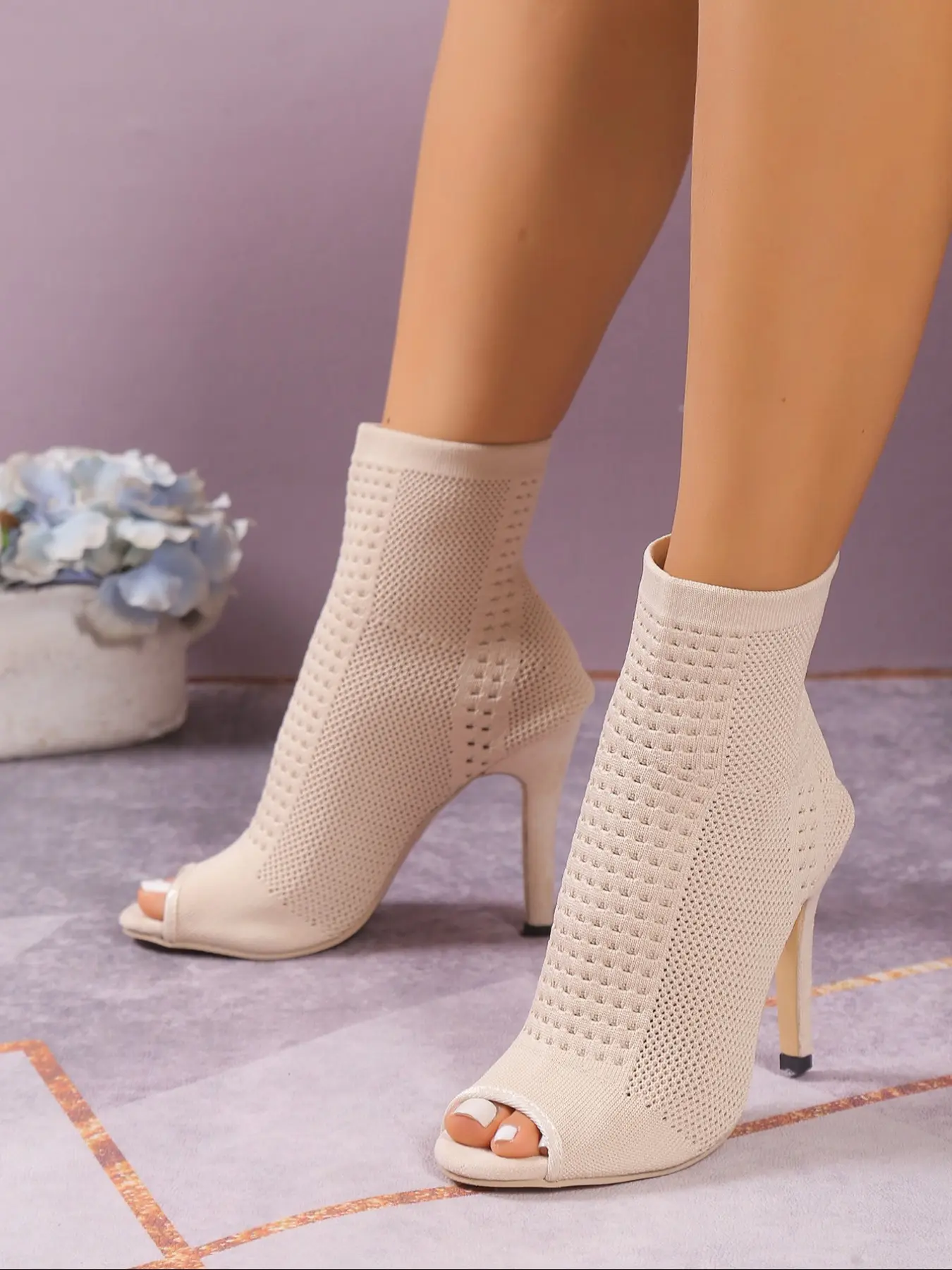 Women's High Heel Shoes, Round Toe Peep Toe Fish Mouth Design, Elastic Knit Upper, Rubber, Perfect for Work & Casual Wear, Fall Winter Fashion, Fashionable Footwear