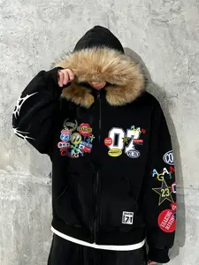 Unisex Y2K Style Graphic Print Fleece Hooded Jacket, Street Fashion Windbreaker, Warm Trendy Design for Outdoor & Daily Wear