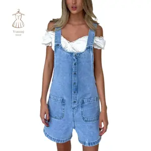 Women Denim Bib Overalls Shorts Solid Color Baggy Jean Jumpsuit Romper Pants with Pockets for Streetwear
