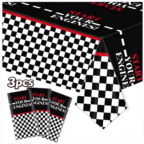 3 Pcs Racing Table Cover, Vintage Black and White Checkered Disposable Plastic Tablecloth (54 x 108 Inch / 137 x 274 cm), Race Flag Table Cover for Baby Shower, Birthday Party, Home Festival Decorations