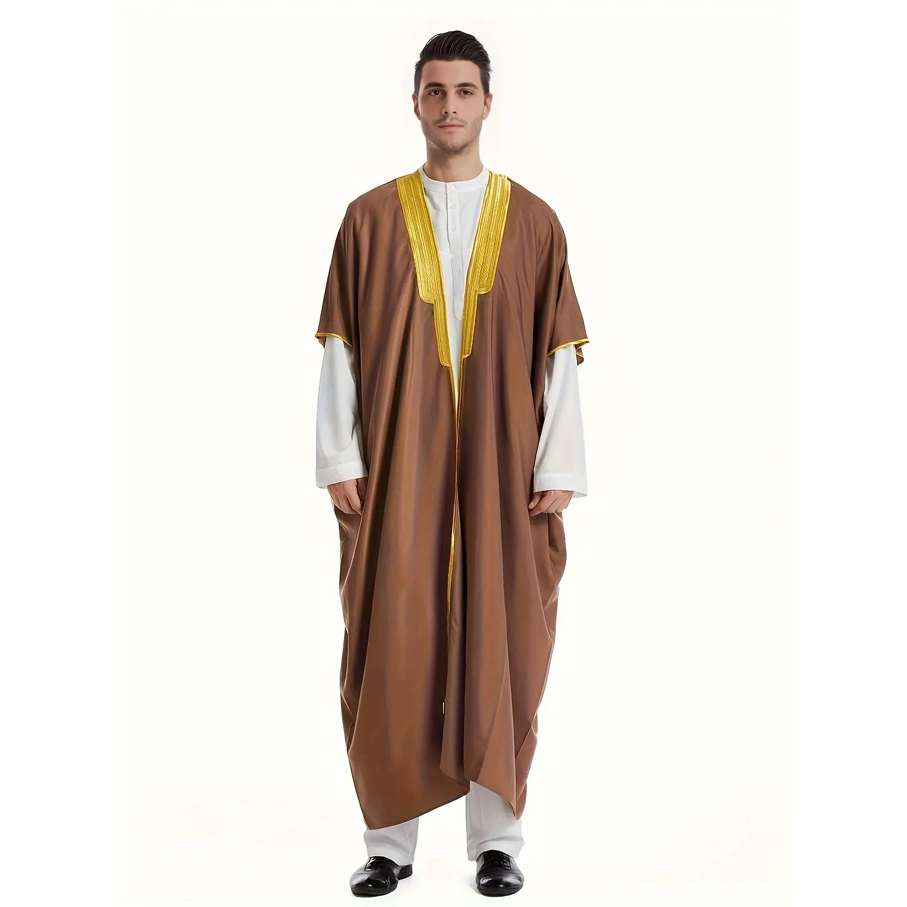 [100% Polyester Arab Emir Robe] 1pc Traditional Arab Emir Robe, Muslim Thobe Scholar Gown, 100% Polyester V-Neck Loose-Fit with Striped Braiding, Woven Non-Stretch Fabric, All-Season Modest Attire for Men