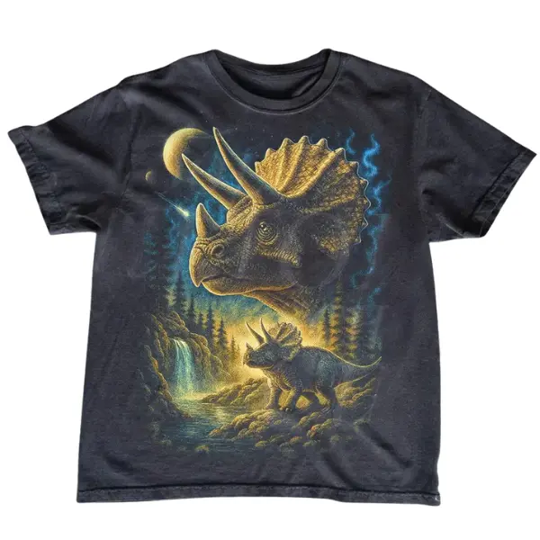 Vintage Triceratops Dinosaur Graphic T-Shirt, 90s Graphic Tees, Vintage Moon Dino Top,Retro Prehistoric Gift, Gift For Man-  Unisex Menswear & Womenswear - Streetwear Tops - Casual Cotton Crewneck Shortsleeve Tshirt