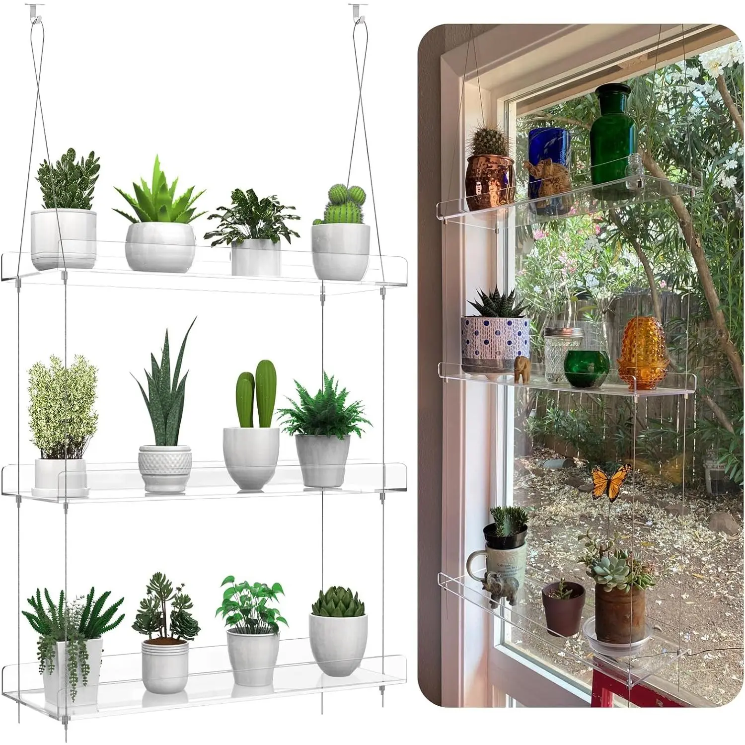 3-Tier  Clear  Shelves for Windows,  Window Wall  Stand Shelf for Kitchen Indoor Gardens, Flower, , Seedling Organization, and Pots Display, 16 Inch per Tier