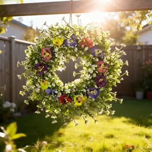 Three-Color Viola Artificial Flower Wreath, Small Wildflower Grass Wreath, Home Living Room Bedroom Decoration, Easter Mother's Day Party Decor