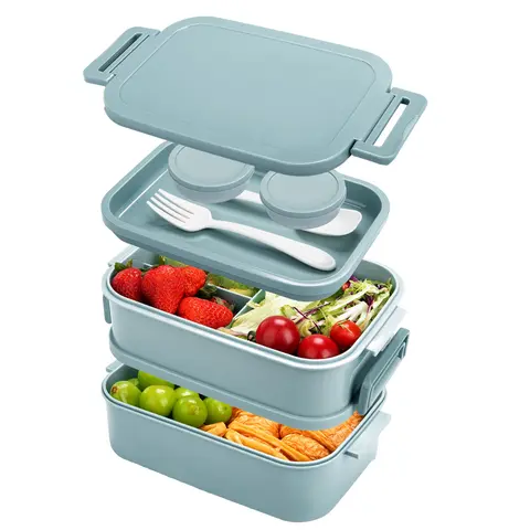 3-Layer 74 oz Geometric Stackable Adult Polypropylene Leakproof Bento Box Set - Reusable Meal Prep Lunch Box, Large Capacity Durable Tableware with Fork, Spoon, Sealed Sauce Container, Microwavable Food Storage for Office, Household Use