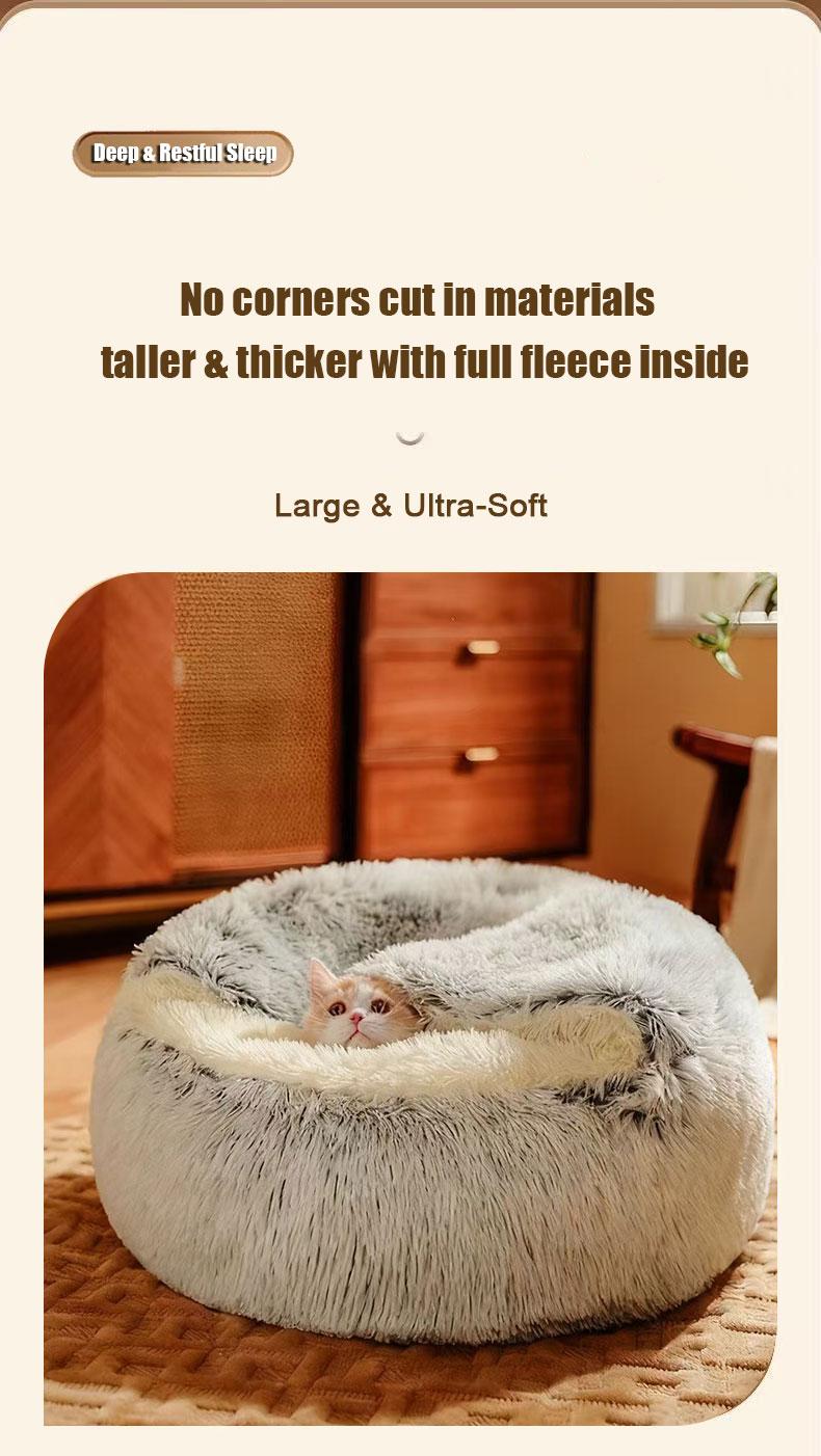 Pet Bed Semi-Enclosed Cat House Shell Design, Winter Warmth All Seasons Use Long Plush Dog Bed, Cozy Pet Nest for Cats & Dogs