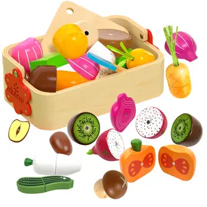 Children's Magnetic Wooden Cutting Fruit And Vegetable Food Toy Set With Basket, Hand-Eye Coordination And Shape Recognition, Cute Mock Kitchen Learning Toy, Best Gift For Boys Girls
