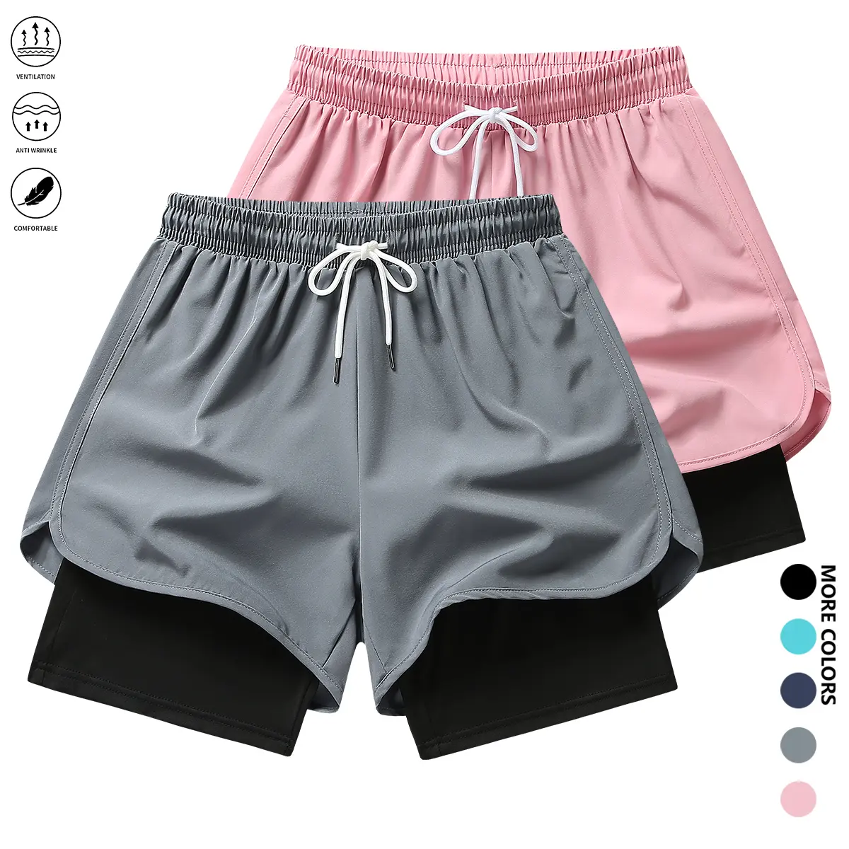 Set of 2: women’s summer solid-color shorts—casual shorts with lining, comfortable and breathable; suitable for outdoor activities, sports fitness, and everyday casual wear. Women’s summer shorts.