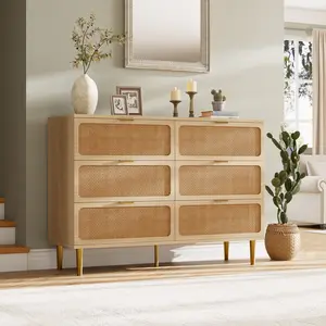 OUTGOODS Modern Rattan 6-Drawer Wooden Dresser - Large Double Chest with Deep Storage, Horizontal Sideboard Storage Cabinet for Bedroom, Kids Room, Drawers Dresser