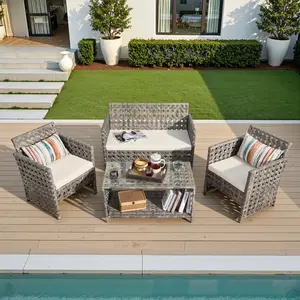 CAODOC 4 Piece Patio Furniture Set, Wicker Outdoor Patio Conversation Furniture Set, A Loveseat and two chairs,All Weather Outdoor Patio Sofa with Cushion and Glass Table