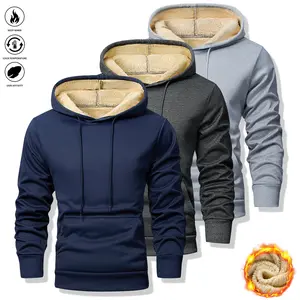 Set of 3 Men's Fleece-Lined Hooded Sweatshirts, Winter Solid Color Pullovers - Relaxed Fit Casual Tops with Ribbed Cuffs, Machine Washable Solid Colors