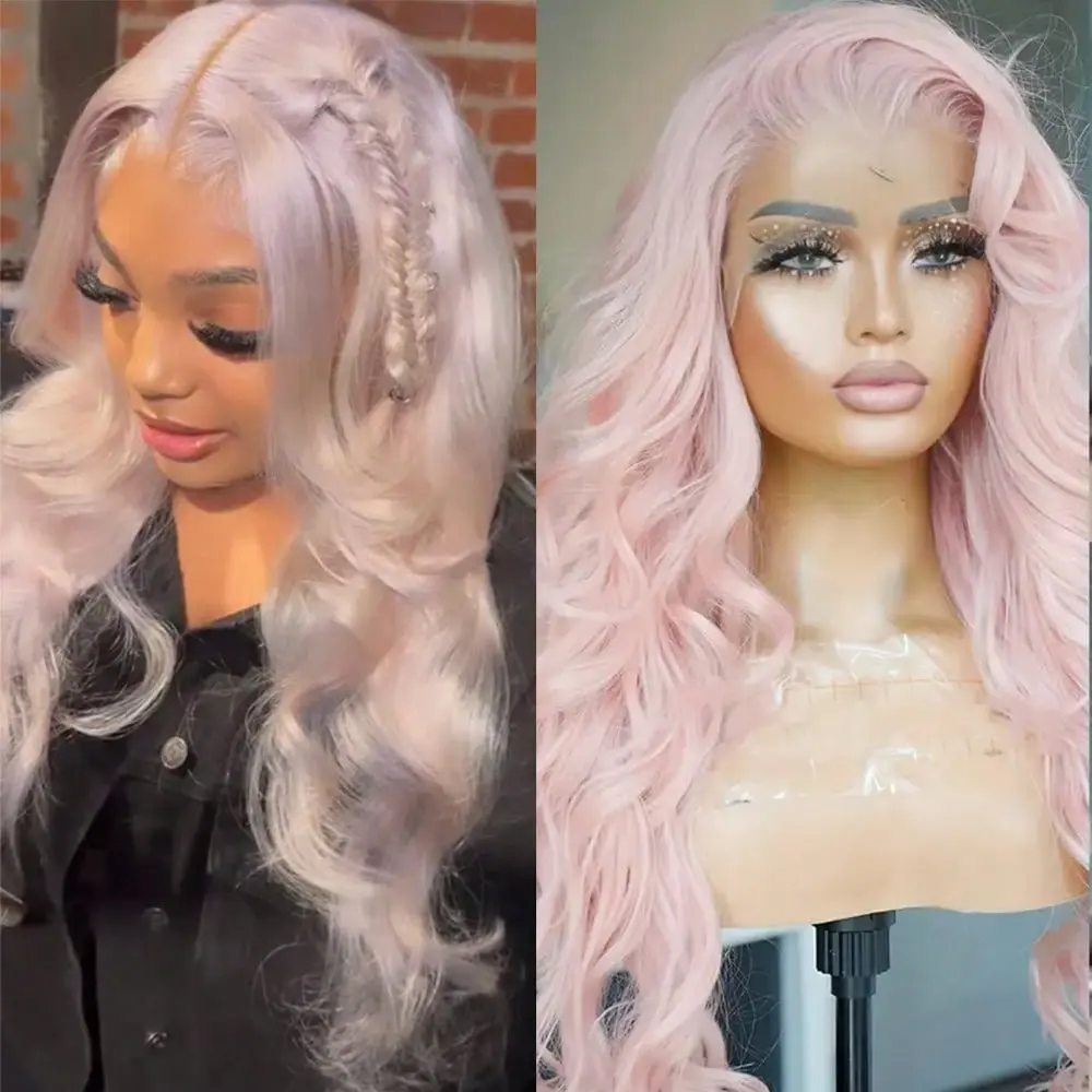 13X4 Free Part Ice Pink Body Wave Synthetic Lace Front Wigs For Women 28 Inch Long Wavy Hair Wigs Glueless Soft Pink Colored Wigs Heat Resistant Christmas Wig Natural Long Wave Lace Front Wigs For Daily Party Cosplay Use