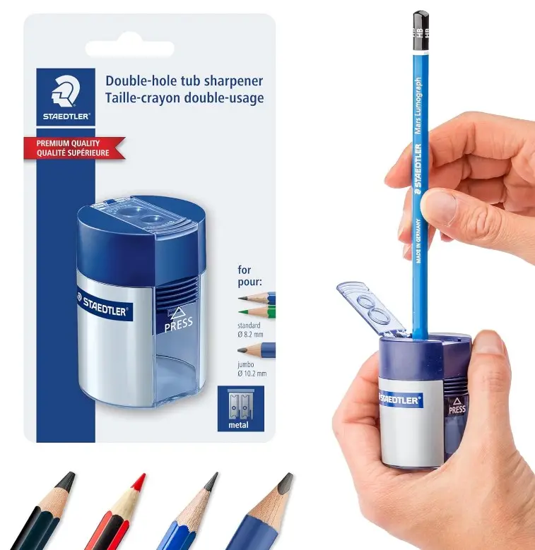 STAEDTLER Double-Hole Tub Pencil Sharpener: Dual Size Manual Sharpener for Standard Graphite & Colored Pencils - Compact Design - Ideal for Classroom, Home, Office, & Art Studio