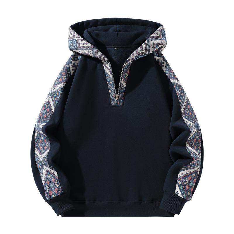 Men's Ethnic Pattern Color Block Hoodie Long Sleeve Quarter Zip Pullover Sweatshirt for Casual Wear emo outfits Grey Stylish Menswear