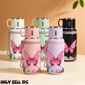 1pc 20oz 316 Stainless Steel Tumbler Insulated Cup with Pink Butterfly and Flowers Print, Suitable for Sports, Fitness, Outdoor Travel, Portable Time Marker Outdoor durable large capacity Hiking 316 Stainless Steel Cup Suitable for gift