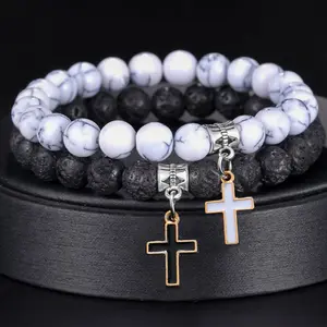Classic Volcanic Stone Bracelet Cross Pendant Bracelet Personalized and Versatile