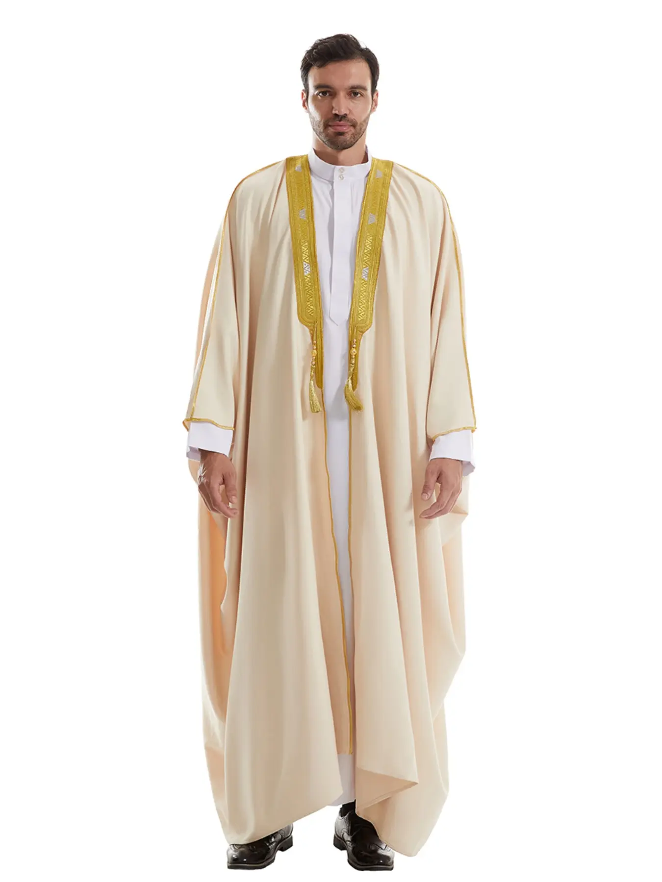 Arabian Muslim Men's Luxury Gold Beaded Embroidered Thick Dual Layer Fabric, Loose Batwing Sleeve Winter Outerwear, Modest Islamic Muslim Thobe, Islamic Robe, Plain Style