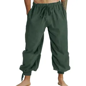 Mens Pirate Linen Pants Medieval Viking Navigator Costume Trousers Renaissance Lace Up Cosplay Pants Menswear Beige