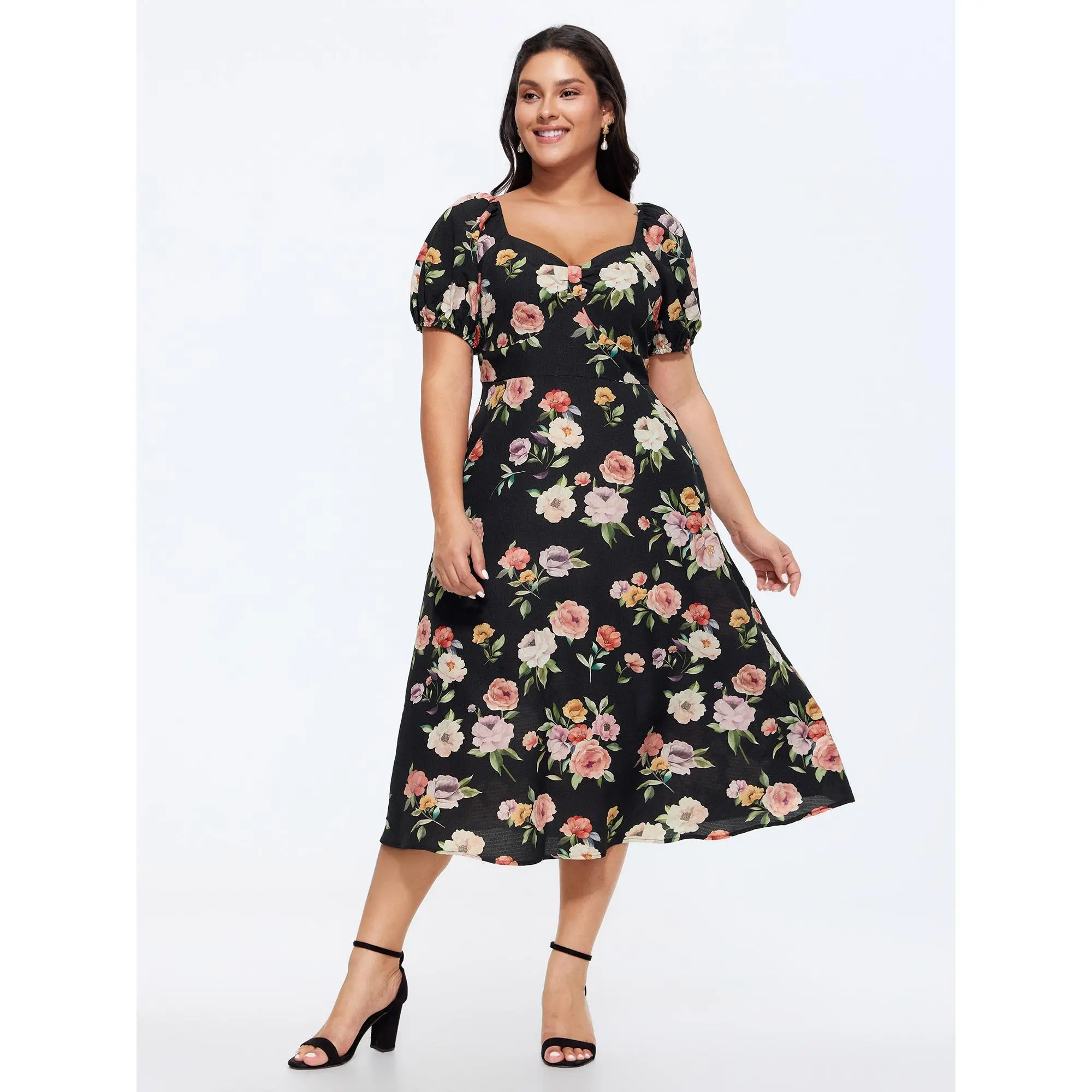 BloomChic Women's Plus Size Romantic Ditsy Floral Midi Dress with Short Lantern Sleeves, Smocked Bodice, and Pockets for Casual Wear, Garment, Shortsleeve, Fabric, Fit, Smooth, Polyester, Womens Dresses, Low Iron, Short Sleeves, Plus Size Casual Dresses