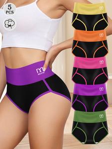 QUASTI Women's 5-Pack High-Waist Cotton Panties for Women, Cotton Fabric Soft Breathable Briefs, High Elasticity, Hip-Enhancing Color Blocking No Show Underwear, S-XXL Daily Wear summerwins