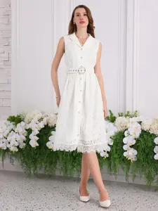 INSPIRE CHIC Women's Sleeveless Floral Lace Dress Formal V Neck Belted Cocktail Wedding Guest A-Line Dresses White