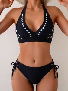 Women's Bikini Swimsuit Set, Sleeveless Swimsuit, Deep V Neck Polka Dot Print, Perfect for Beach Vacation Summer, Stylish and Comfortable Swimwear, Bikini Outfits, Swim Top Set