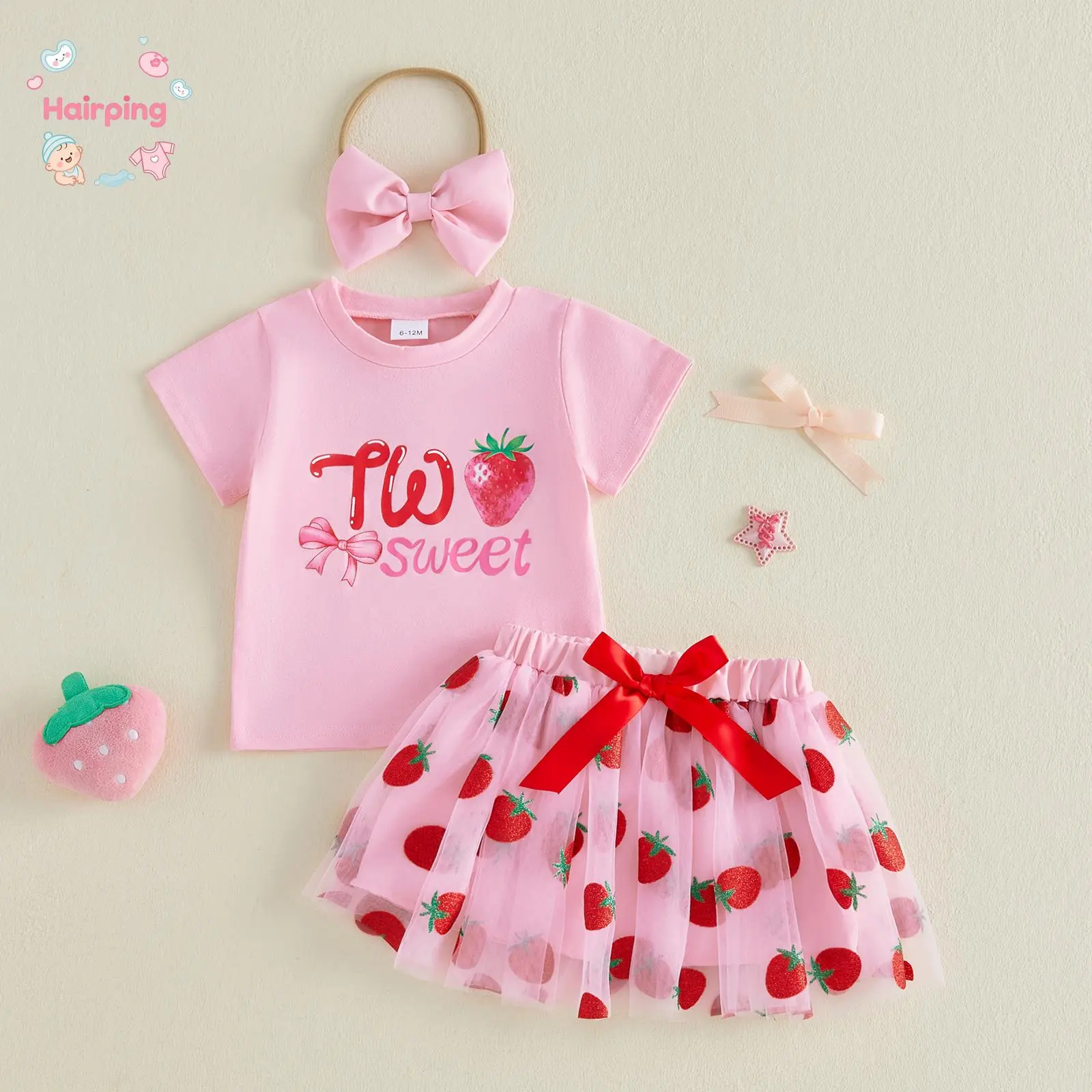 Baby Girl 2nd Birthday Outfit Set, 3PCS "Two Sweet" Strawberry Print T-Shirt + Tutu Skirt + Bow Headband, Cute Pink Summer Clothes for Toddler, Ideal for Birthday Party & Photoshoot