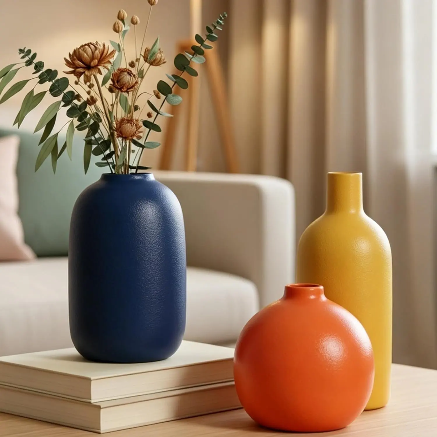 Colorful Ceramic Vase Set, Small Burnt Orange Blue Yellow Vases Home Decor,Fall Décor Modern Farmhouse Vases for Home Decor, Organic Decor Accents for Living Room, Table, Shelf, Entryway, Set of 3