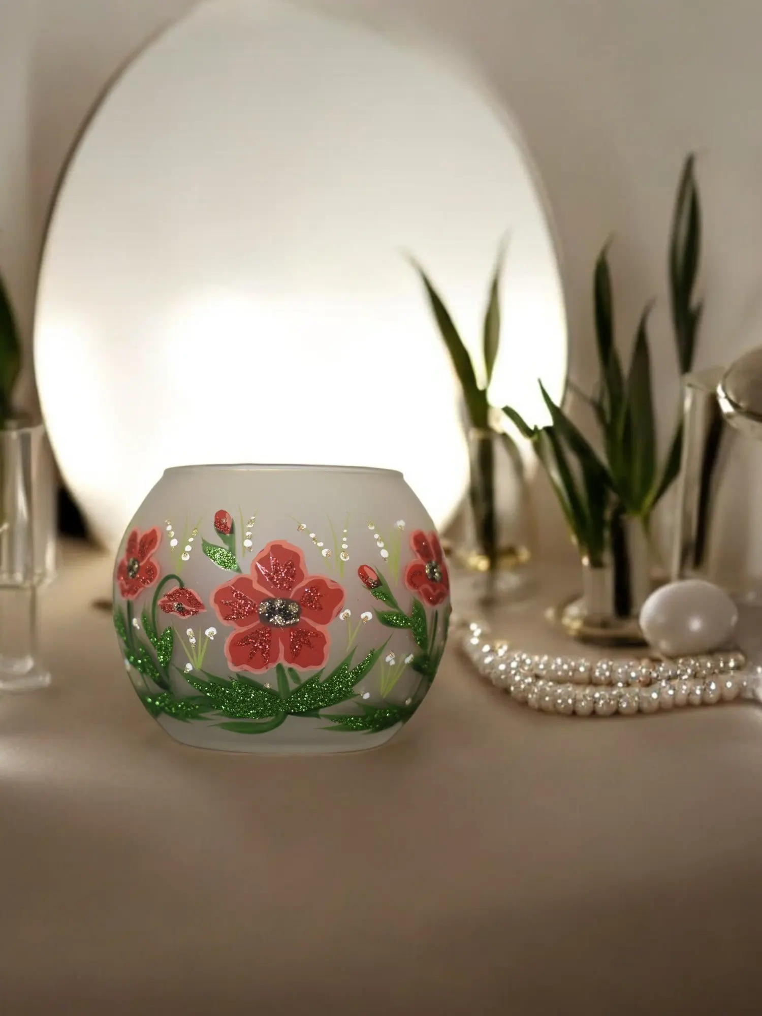 Large Frosted Glass Candle Holder, Hand Crafted in Ukraine, Poppy Flower Design, Wonderful Year Round