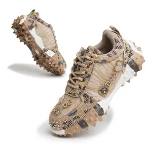 Luxury Women's Sneakers - Crystal Embellished Fashion Sneakers with Metal Plaque & Charm Decorations