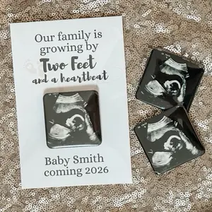 Custom Ultrasound Photo Magnet Pregnancy Announcement Gift 2x2 Personalized Baby Announcement for Family Growing by Two Feet and a Heartbeat