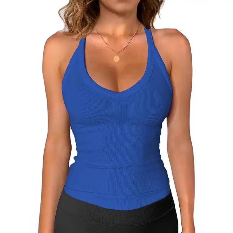 V Neck Racer Back Tank Top for Women Padded Long Tank Fitted Cami Tops