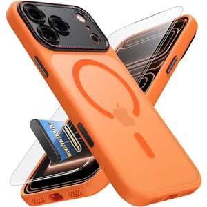 Magnetic for iPhone 17 Pro Max Case: Upgraded [Full Camera Protection], with [1X Screen Protector] [Camera Button], 6.9" Case for iPhone 17 Pro Max, Orange Aluminium Cover Dustproof Metallic