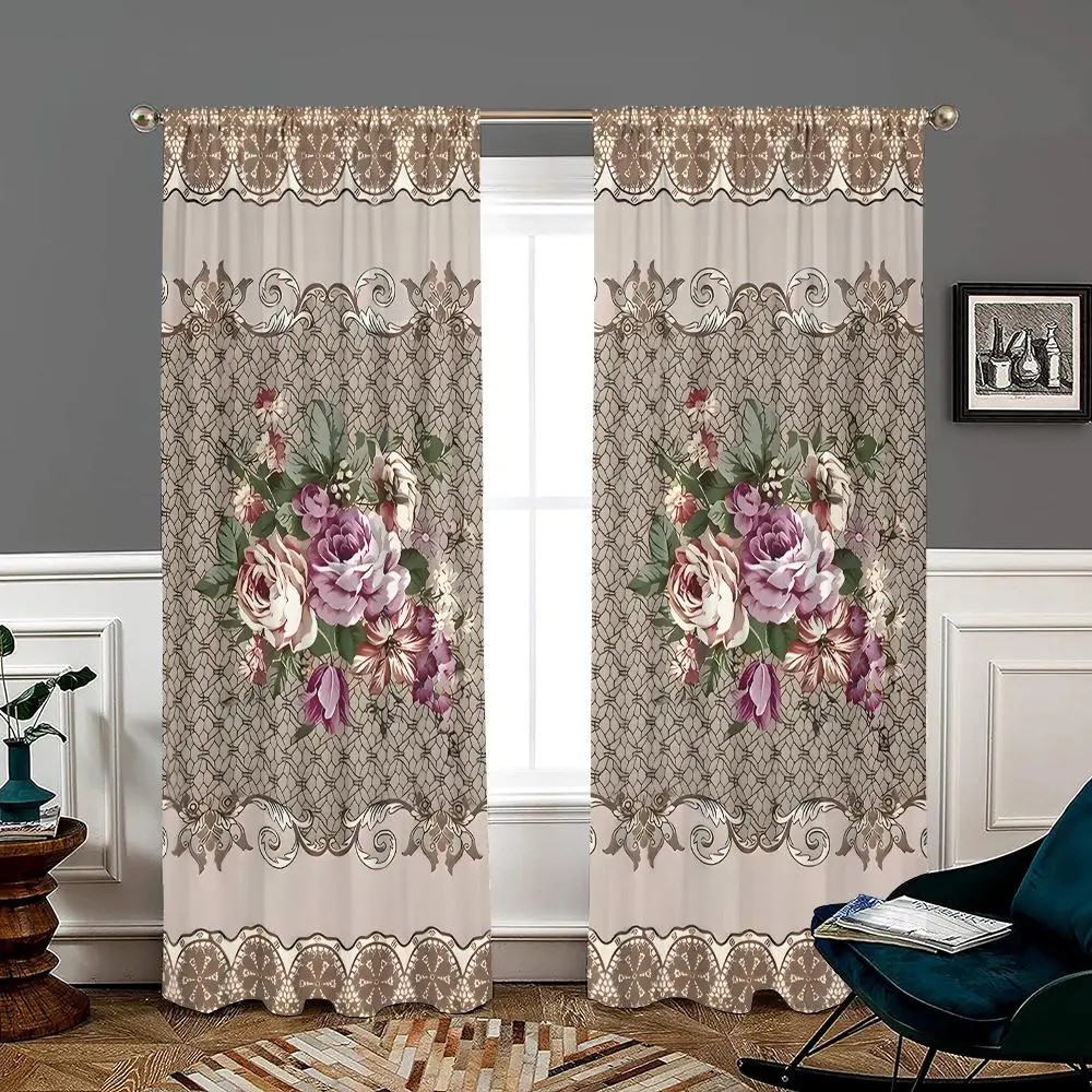 Floral Pattern Home Decoration Curtain, 2 Counts/set Retro Style Curtain, Easy To Install Polyester Material Curtain for Home Living Room Bedroom Decor, Window Curtain, Window Drapes