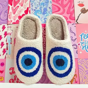 Soft Plush Slippers with Blue Evil Eye Patterns - Fuzzy and Comfortable Design for Girls - Ideal for Walking and Style
