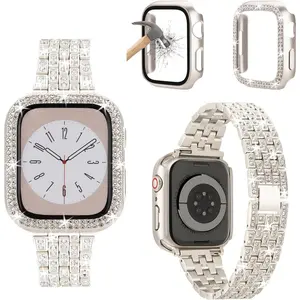 3-Pack Compatible With Apple Watch Band 38mm 40mm 41mm 42mm 44mm 45mm 49mm with Case, Bling Diamond Metal Strap with Diamond Case + Glass Screen Protective Cover For iWatch Series 9 8 SE 7 6 5 4 3 2 1