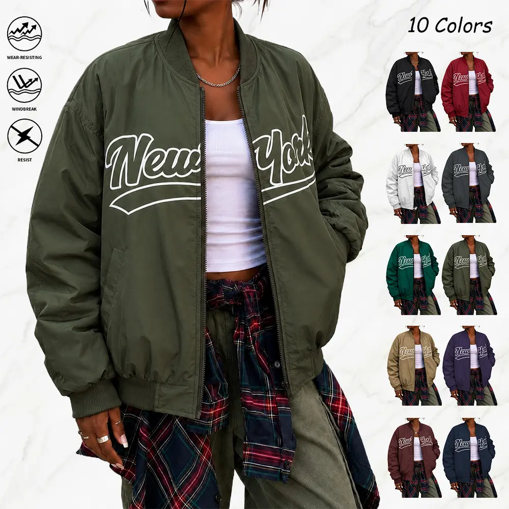 Women's Chic Aviator Jacket - Womenswear Casual Polyester Outerwear with New York Print, Baseball Collar, Solid Color, Loose Oversized Fit, Machine Washable (Suitable for Outdoor Activities, Travel)