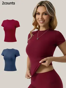2 Piece Set Women's Crew Neck Short Sleeve Athletic T Shirts All Season 4 Way Stretch Slim Fit Yoga Tops Solid Color Breathable Quick Dry Shirts for Gym Running Training Daily Casual All Match Versatile Wear